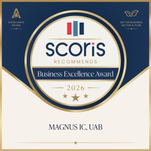 Scoris Business Excellence Award 2026 badge issued to Magnus IC, UAB